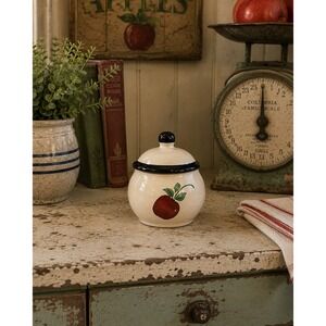Princess House Orchard Medley Ceramic Sugar Bowl Apple Navy Trim Cream Canister